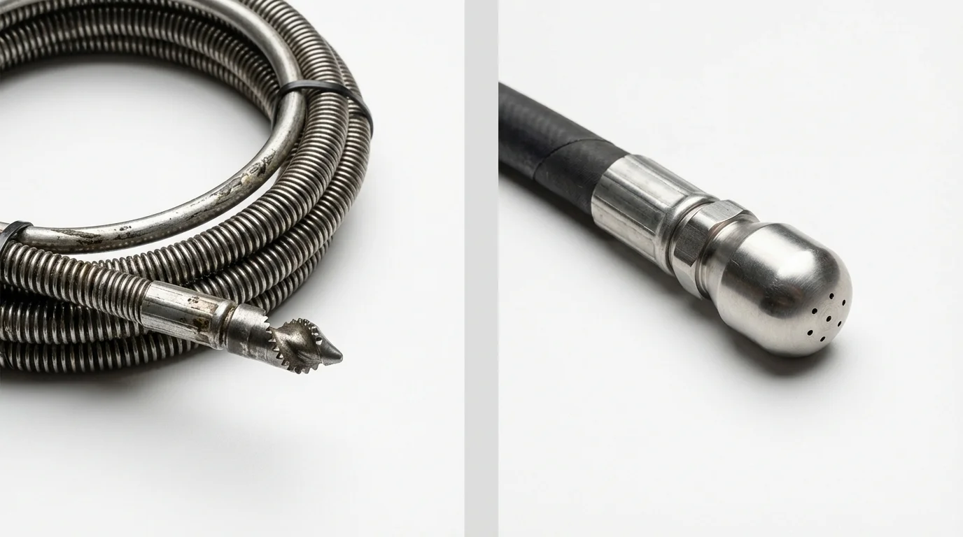 Drain snake cable and hydro jetting nozzle used for drain cleaning in Manchester, WA